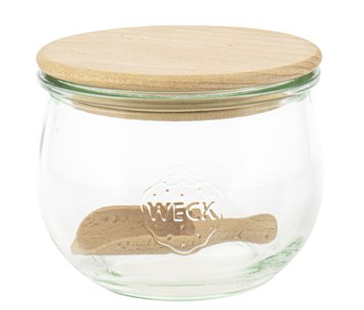 Einkochwelt Weck-Glas Tulpenform 1/2 l Nr.744 mit 100 mm Holzdeckeln (Buche) mit Silikondichtring 