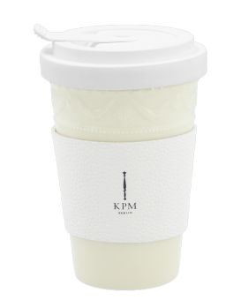 KPM Berlin To-Go Becher Pastellgelb inkl. Weißer Ledermanschette mit Goldener Prägung 
